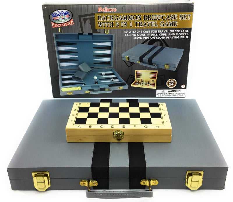Matty's Toy Stop Deluxe 15" Backgammon Briefcase (Vinyl Gray Attache) with 3-in-1 Chess, Checkers & Backgammon Wooden Travel Games Set (8") - Image 5